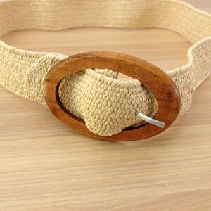 Straw Belt Womens XS Beige Rattan Woven Bohemian Beach Summer Chunky Wood Buckle